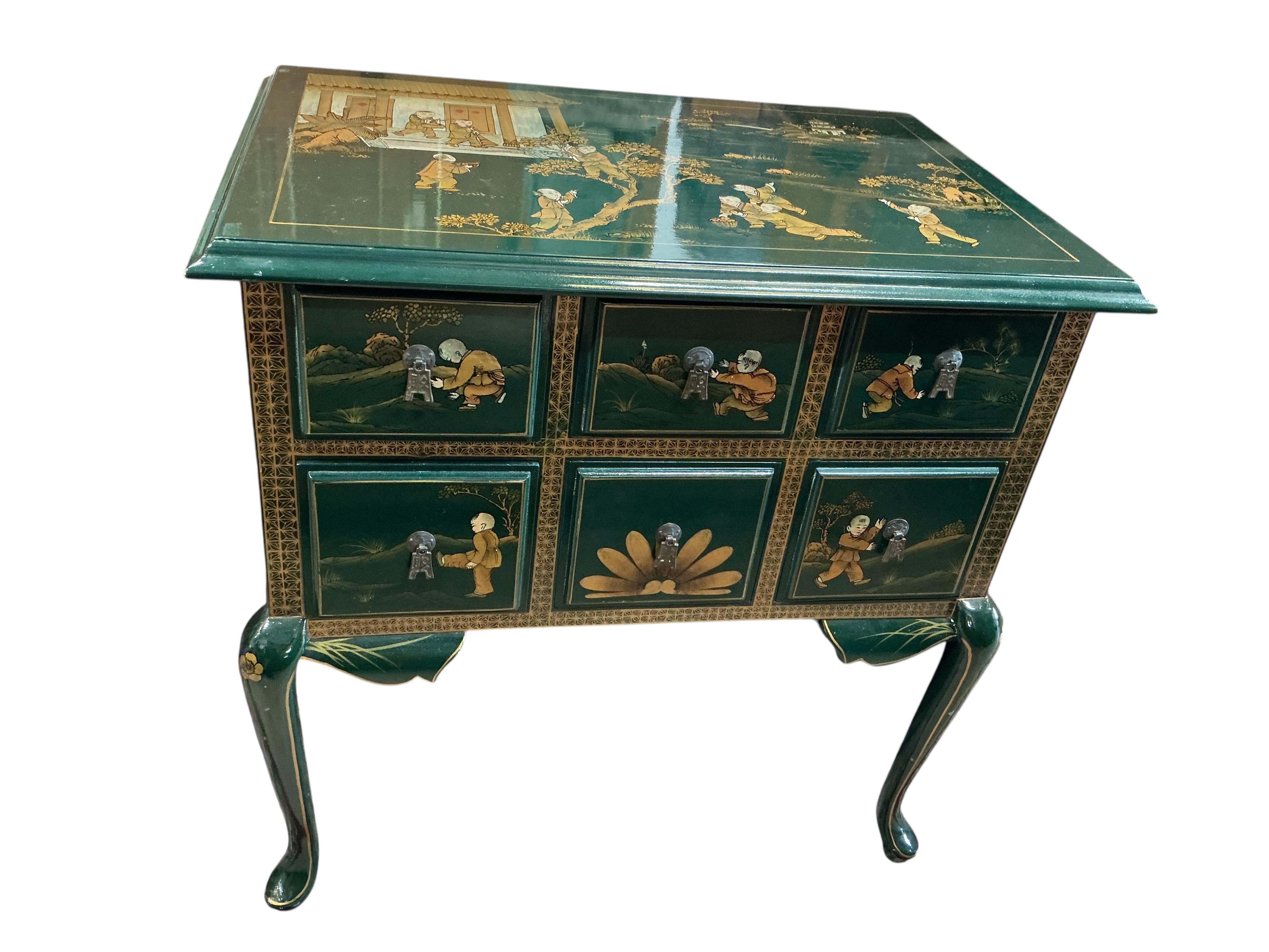 A modern chinoiserie decorated six drawer side table, width 76cm, depth 50cm, height 76cm